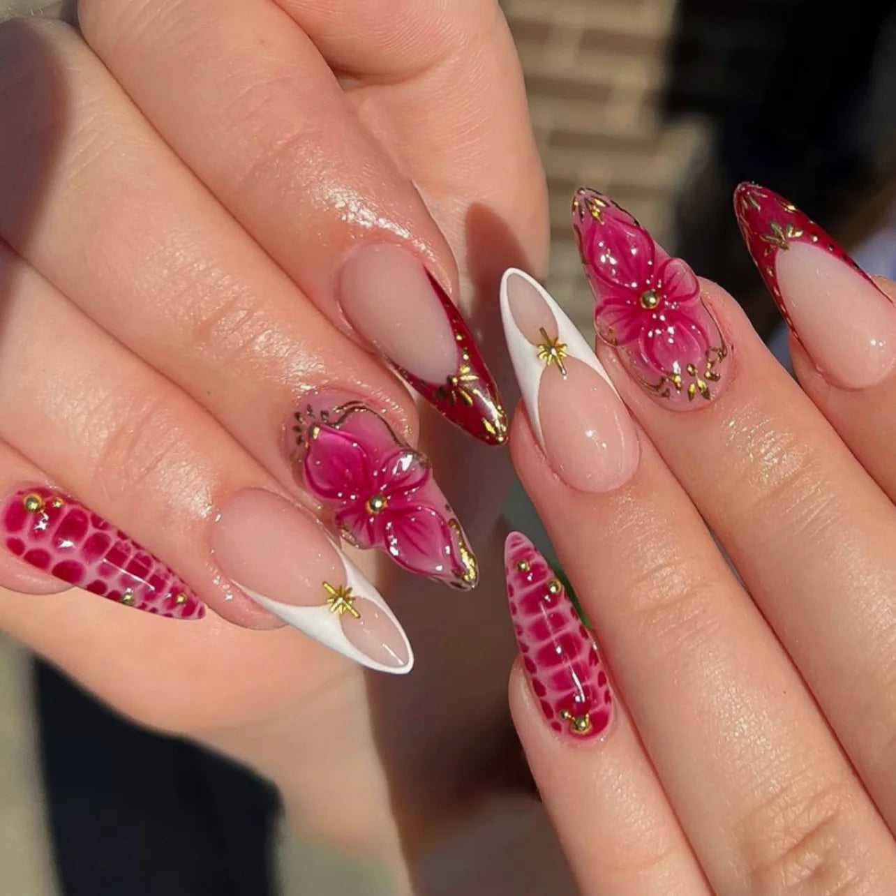 24pcs Pink Flower Almond Press on Nails