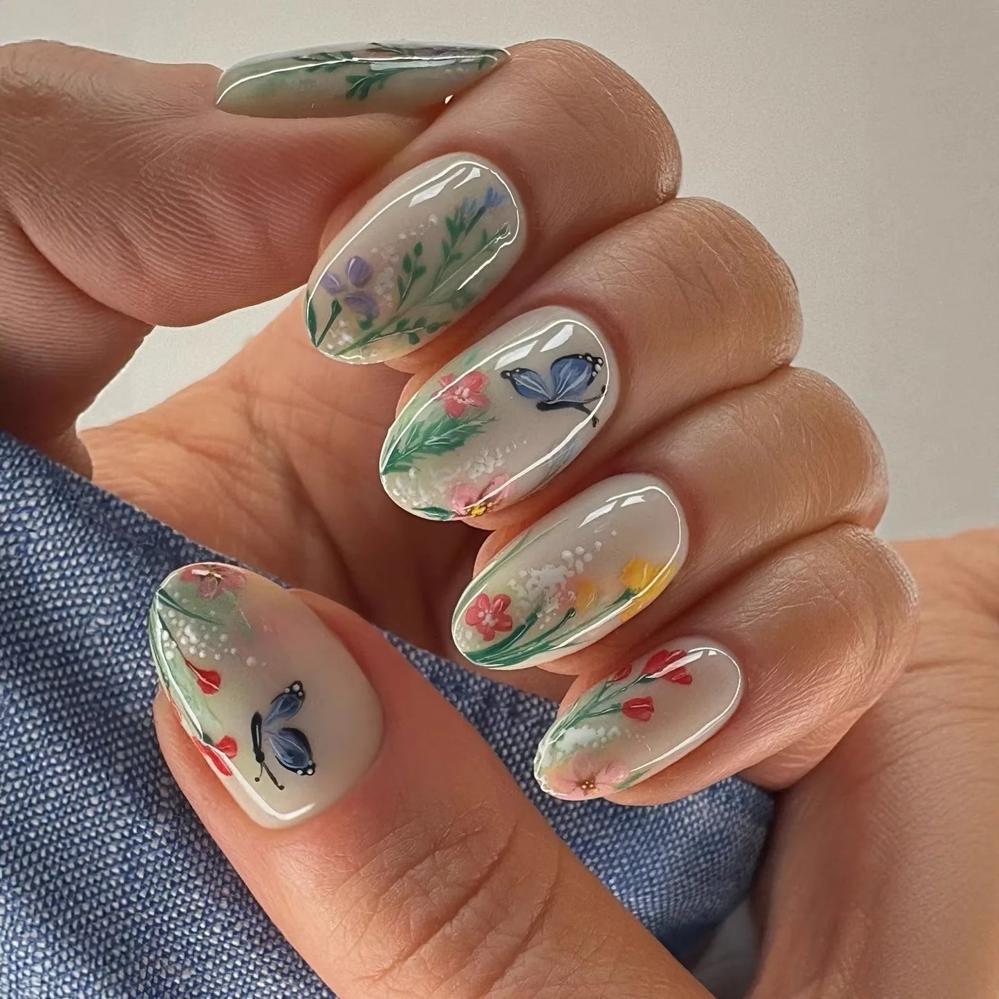 24pcs Pink Flower Almond Press on Nails
