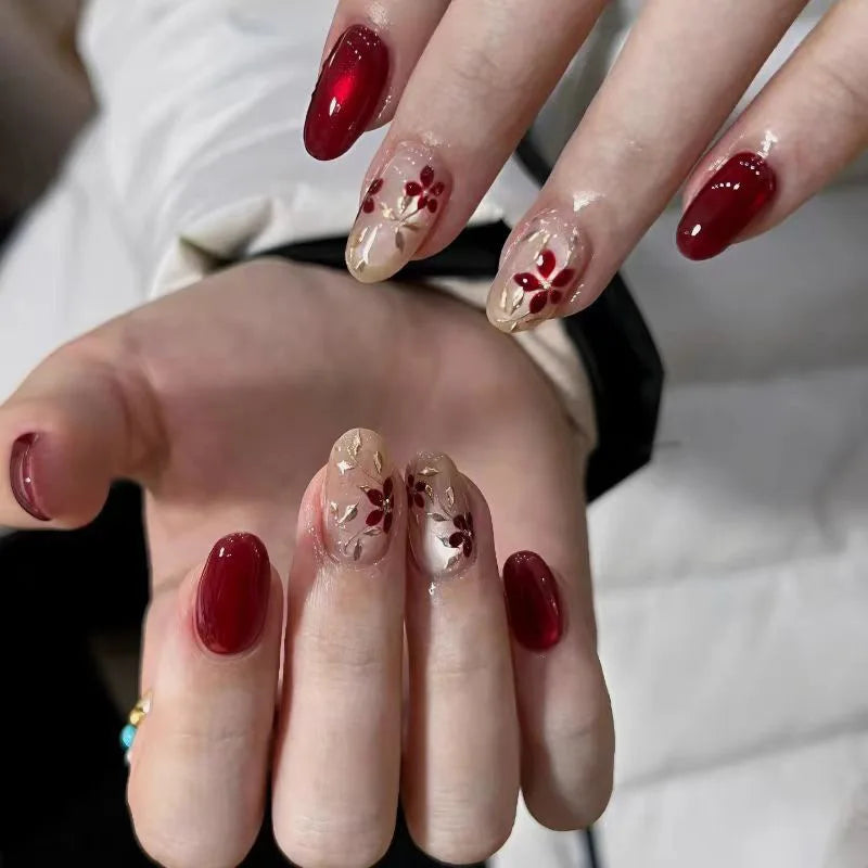 24pcs Pink Flower Almond Press on Nails