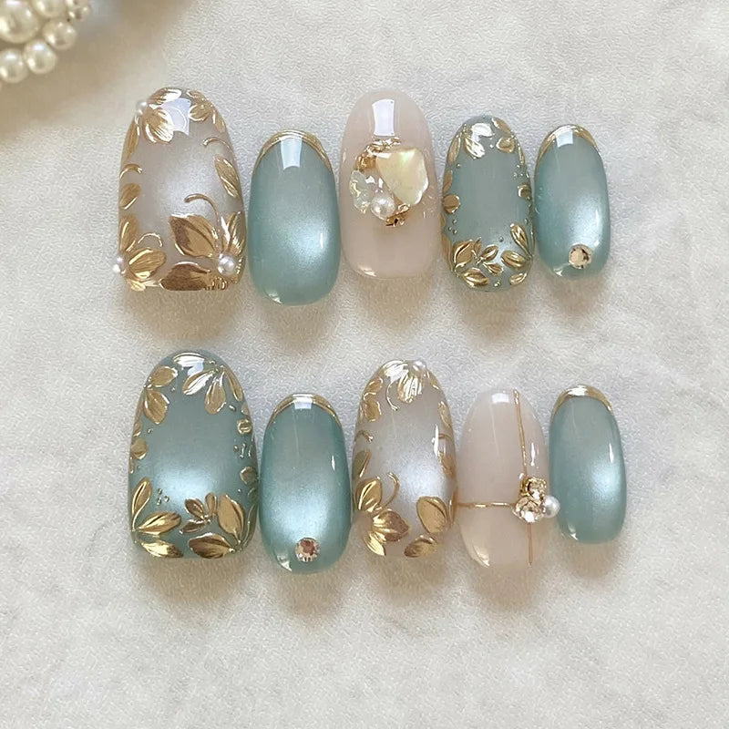 24pcs Pink Flower Almond Press on Nails