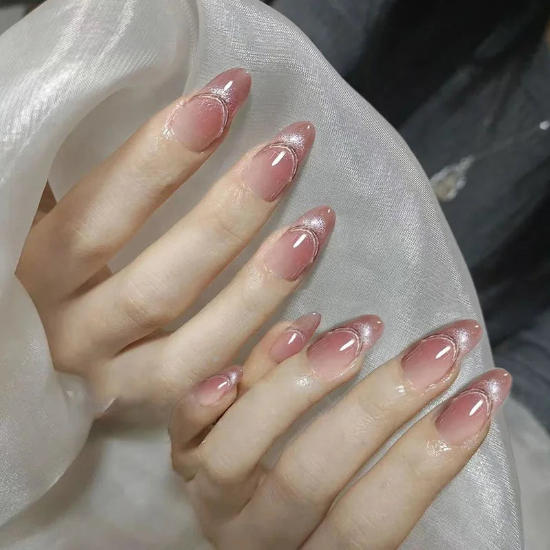 24pcs Pink Flower Almond Press on Nails