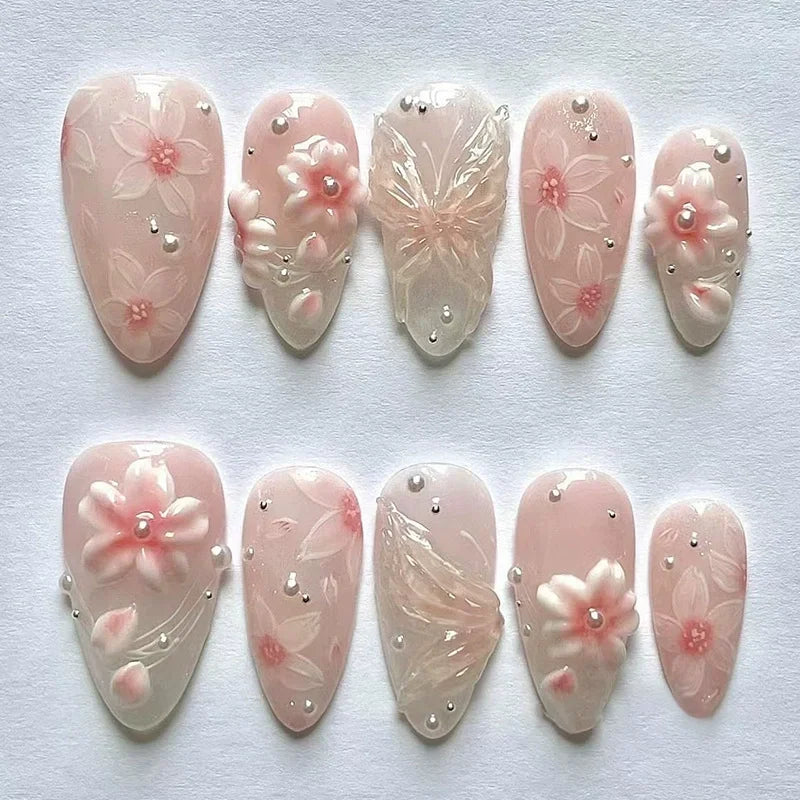 24pcs Pink Flower Almond Press on Nails