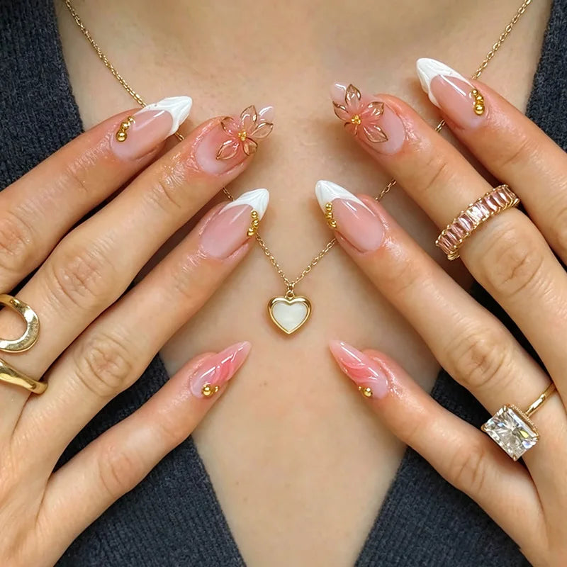 24pcs Pink Flower Almond Press on Nails