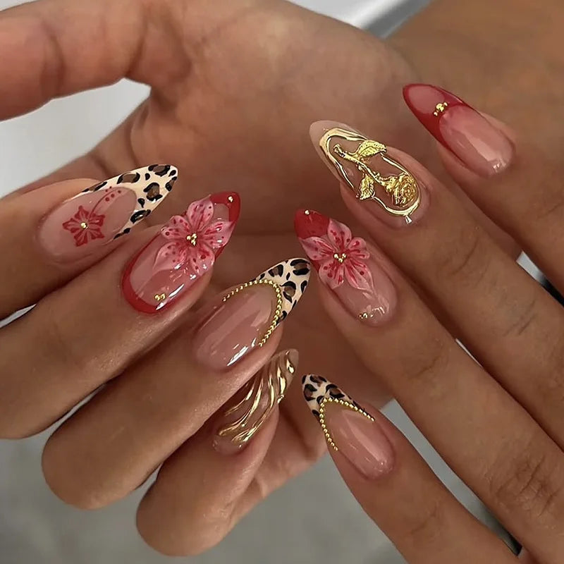 24pcs Pink Flower Almond Press on Nails