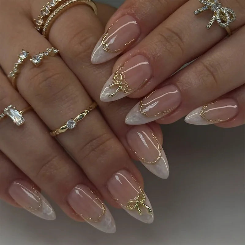 24pcs Pink Flower Almond Press on Nails