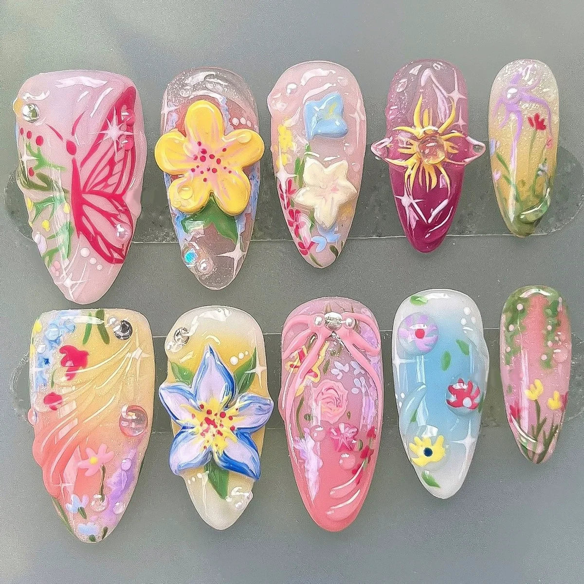 24pcs Pink Flower Almond Press on Nails