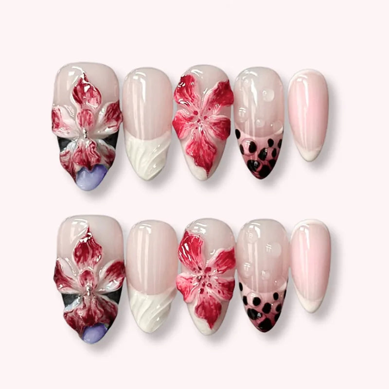 24pcs Pink Flower Almond Press on Nails