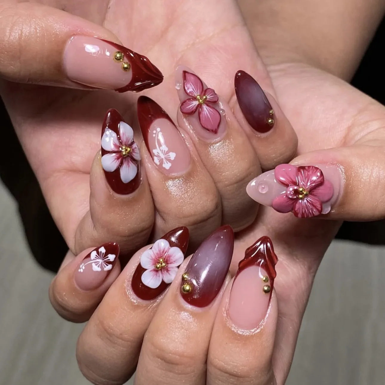 24pcs Pink Flower Almond Press on Nails