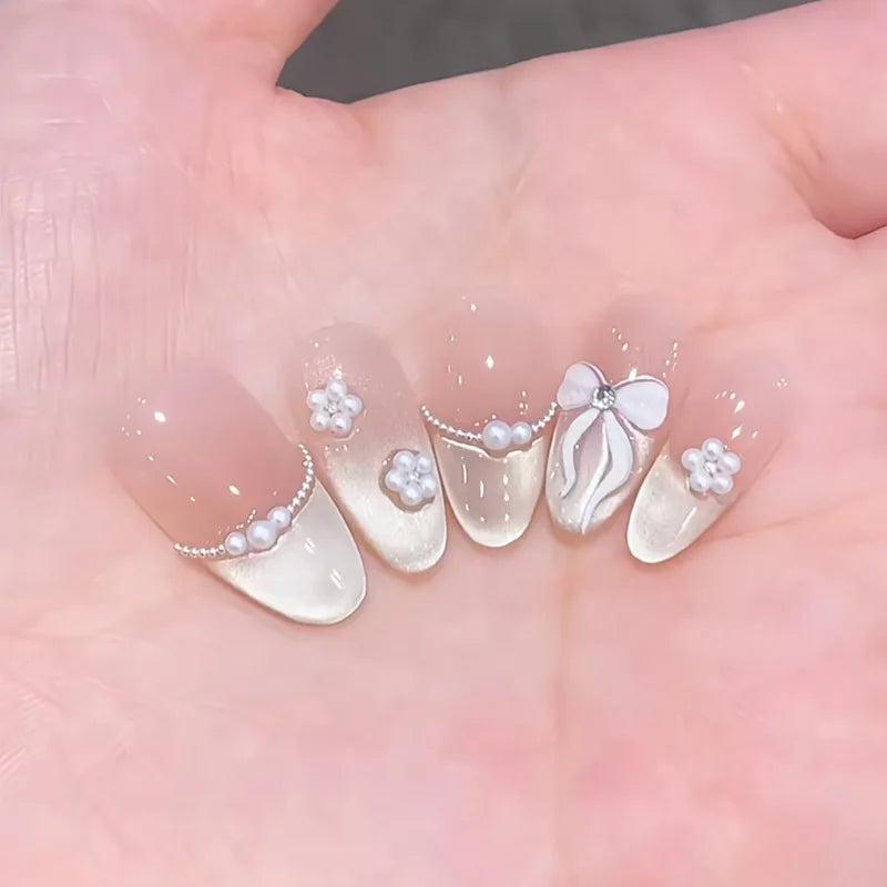 24pcs Pink Flower Almond Press on Nails