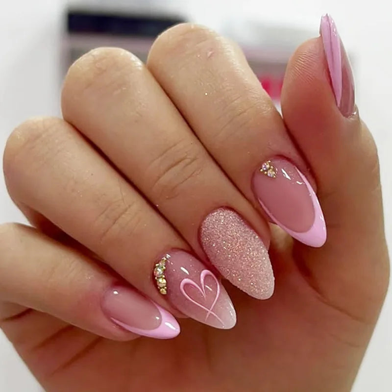 24pcs Pink Flower Almond Press on Nails