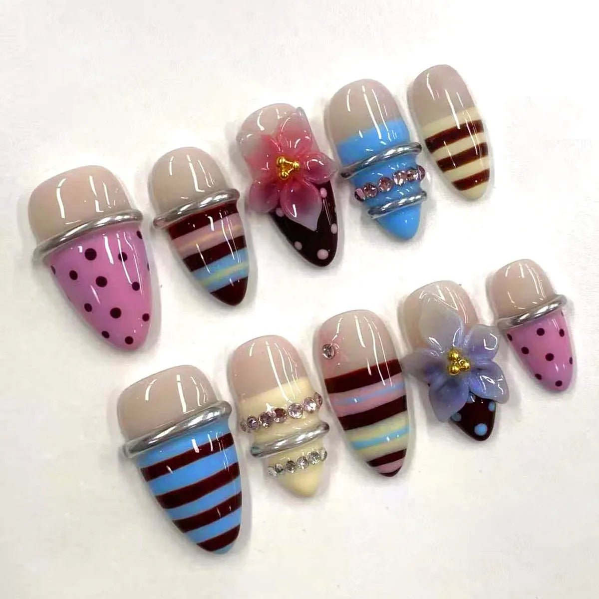 24pcs Pink Flower Almond Press on Nails