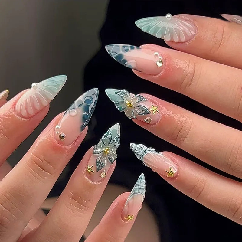 24pcs Pink Flower Almond Press on Nails