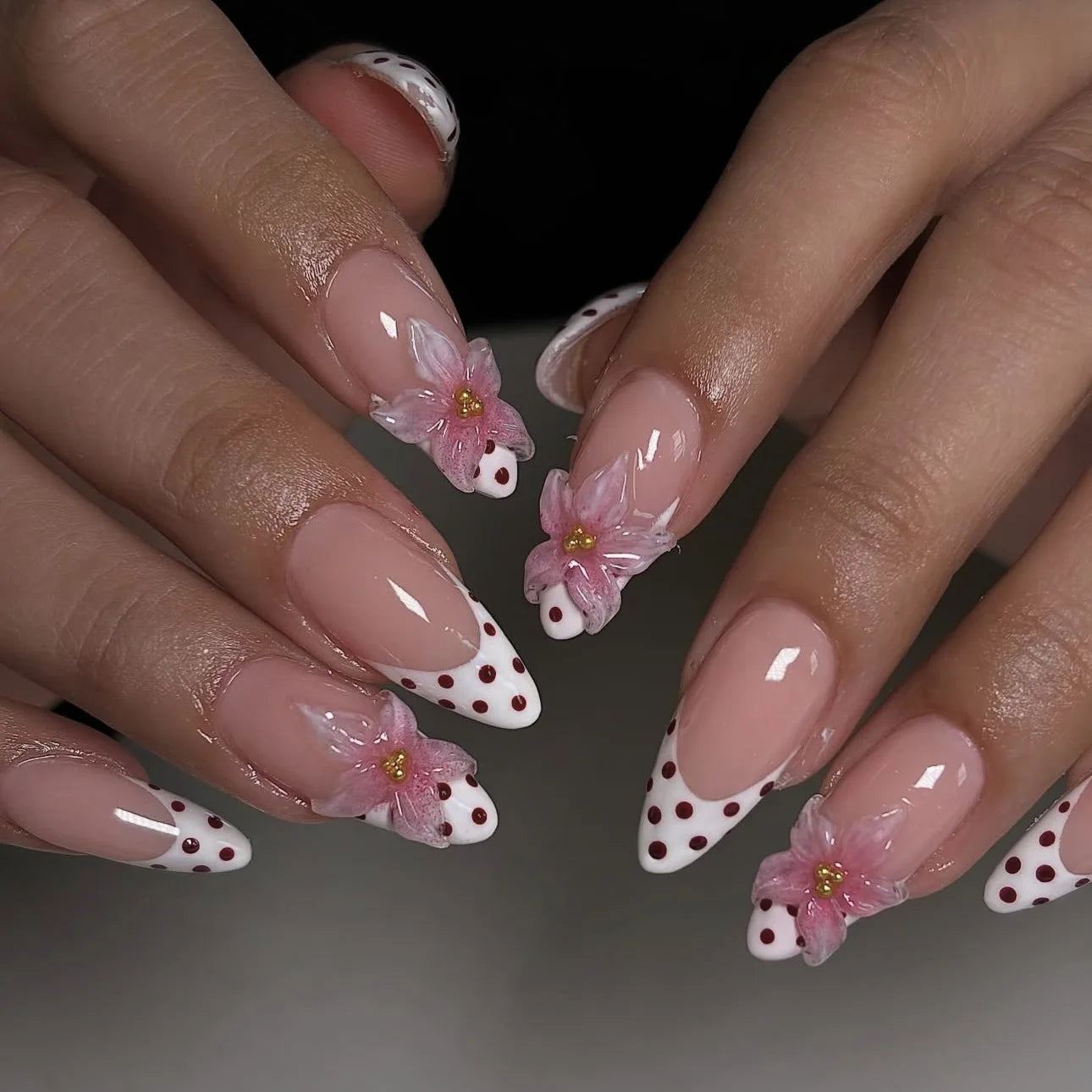 24pcs Pink Flower Almond Press on Nails