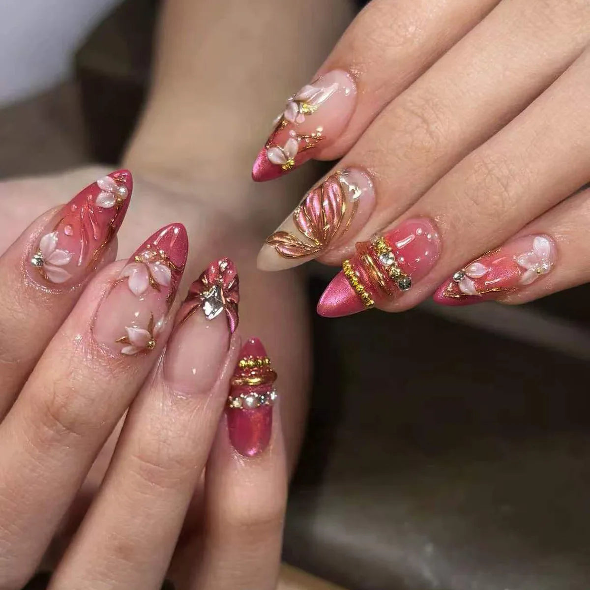 24pcs Pink Flower Almond Press on Nails