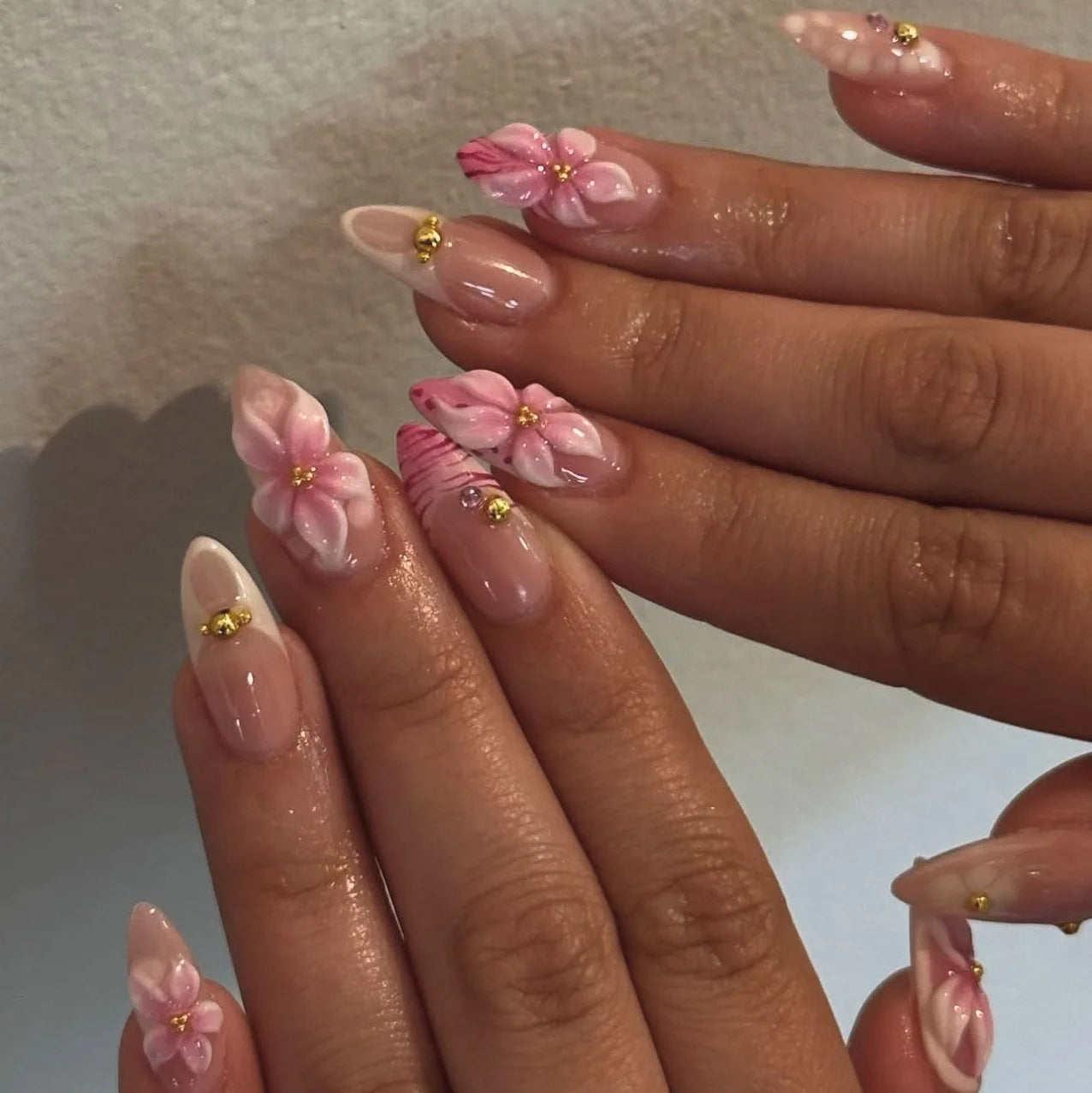 24pcs Pink Flower Almond Press on Nails