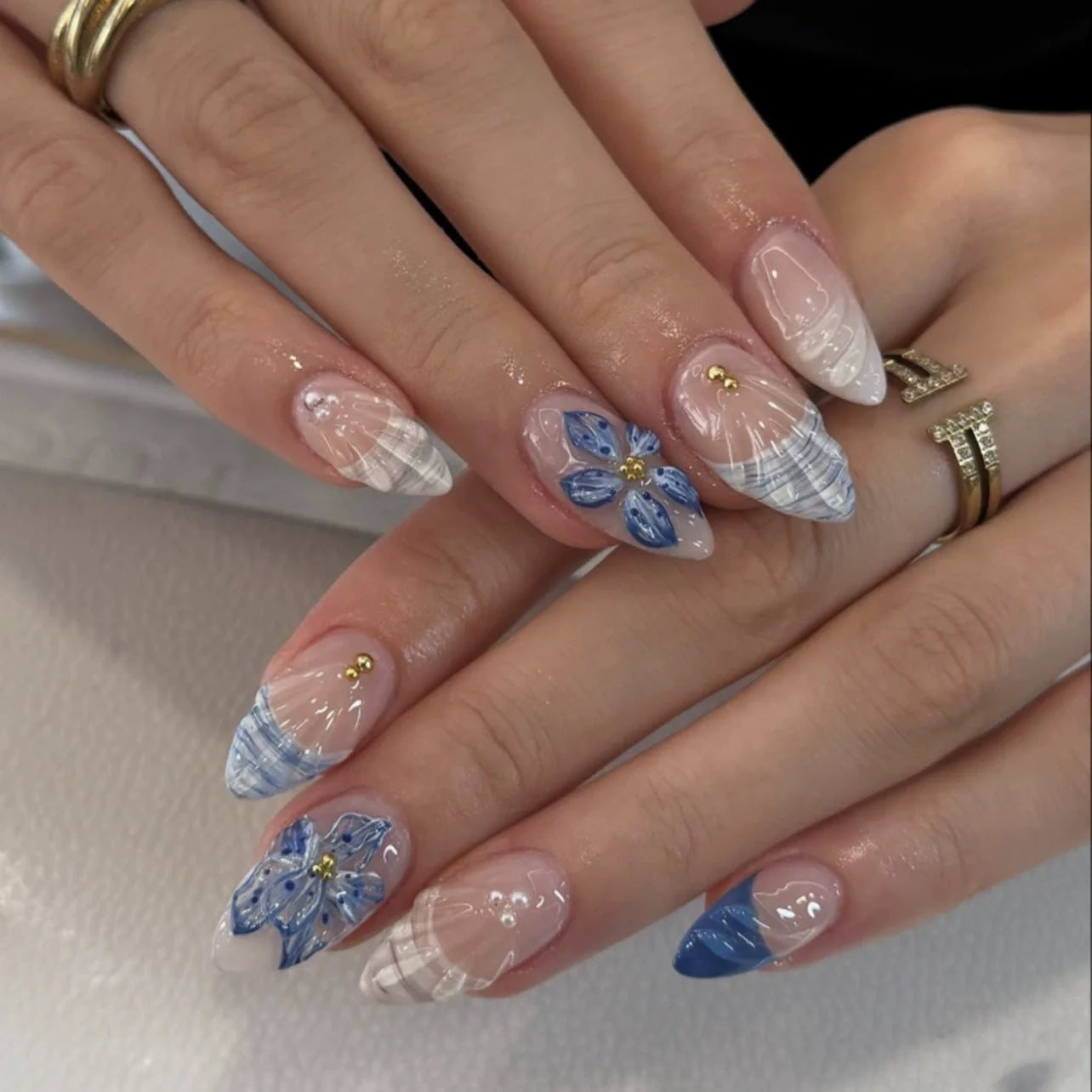 24pcs Pink Flower Almond Press on Nails