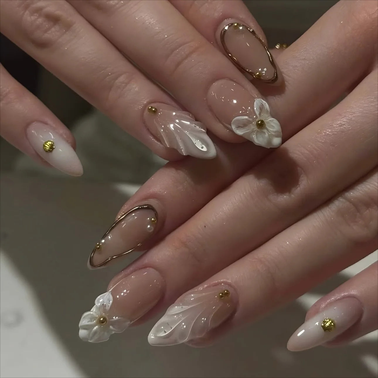 24pcs Pink Flower Almond Press on Nails