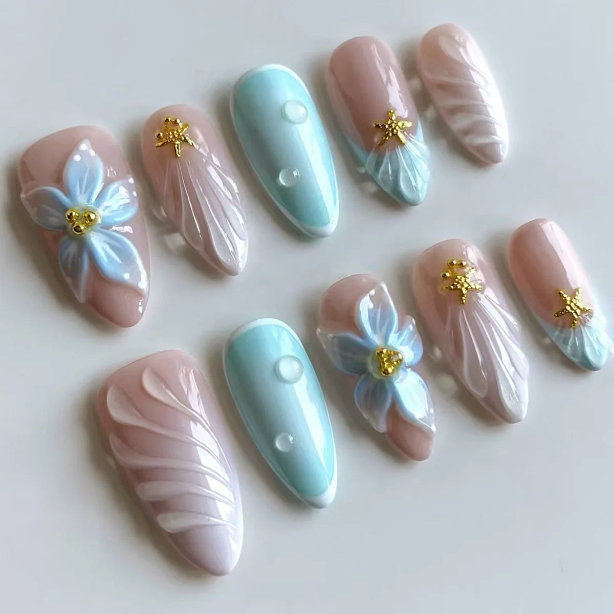 24pcs Pink Flower Almond Press on Nails