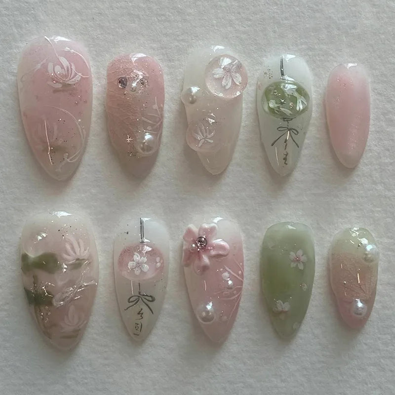 24pcs Pink Flower Almond Press on Nails