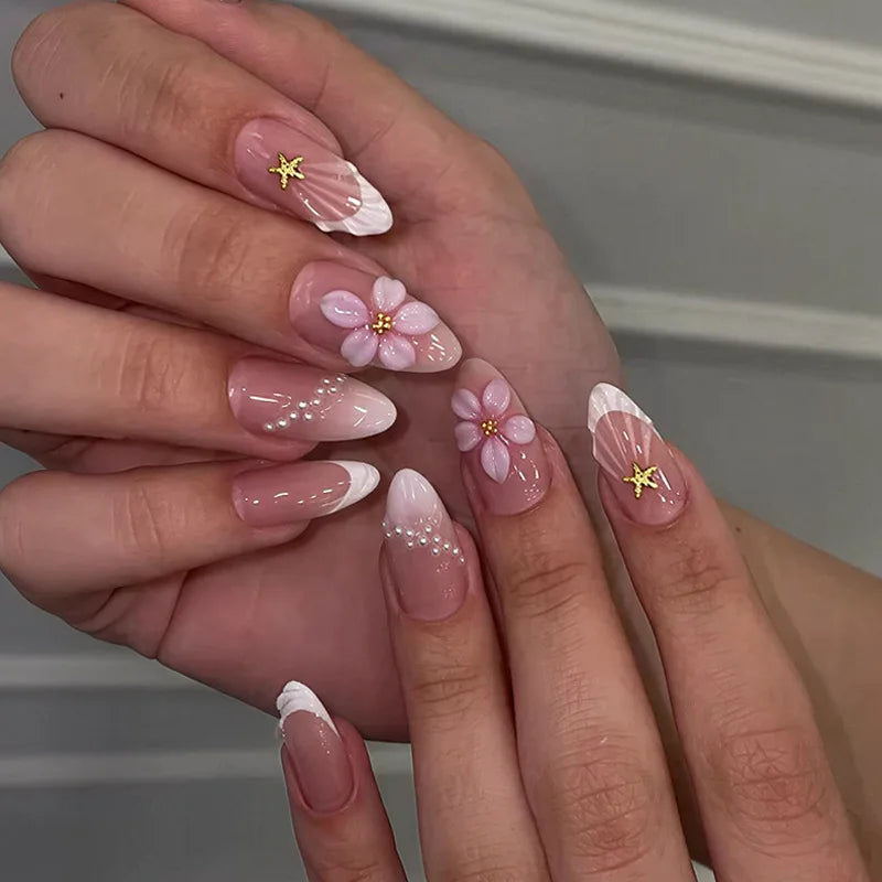 24pcs Pink Flower Almond Press on Nails