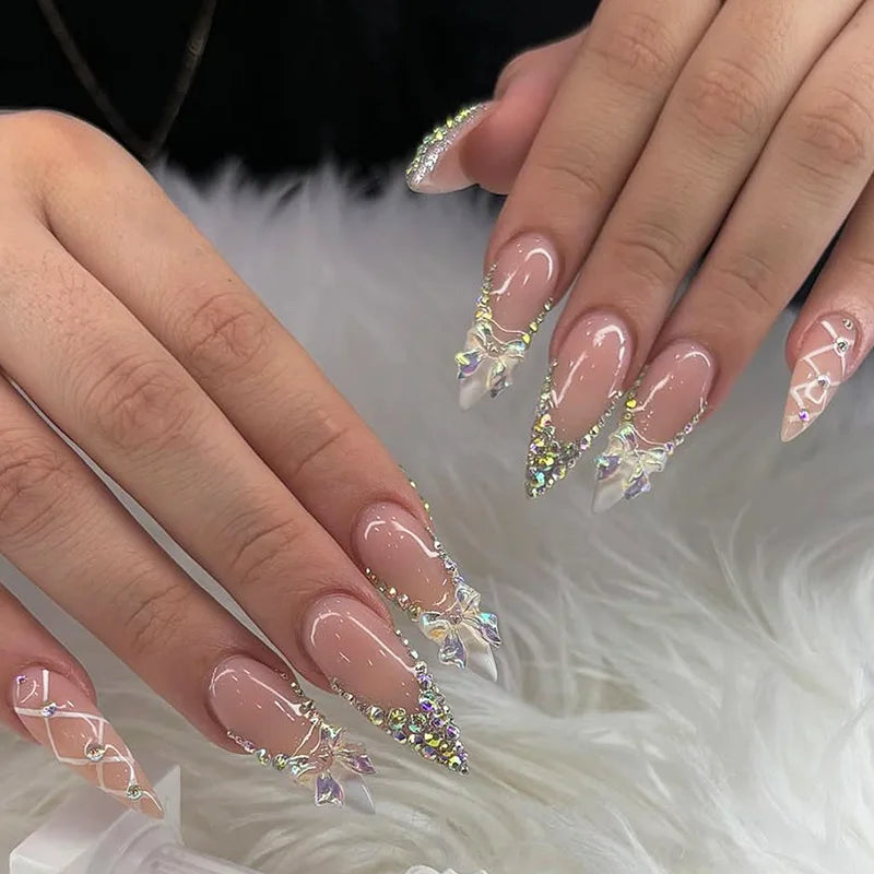 24pcs Pink Flower Almond Press on Nails