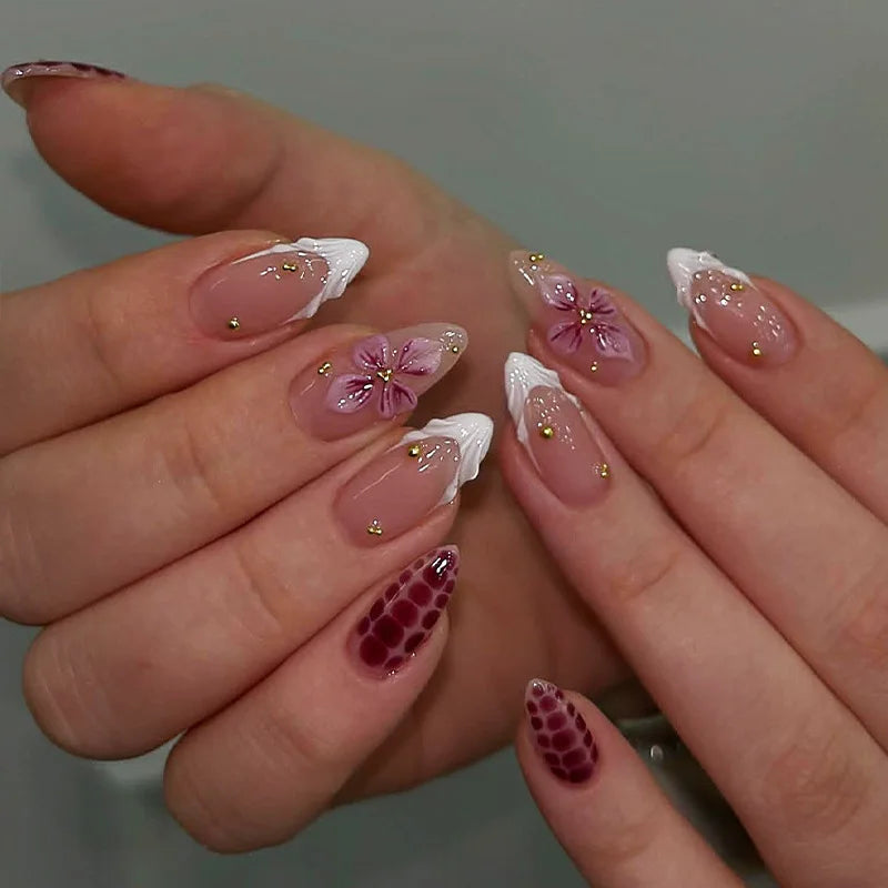 24pcs Pink Flower Almond Press on Nails