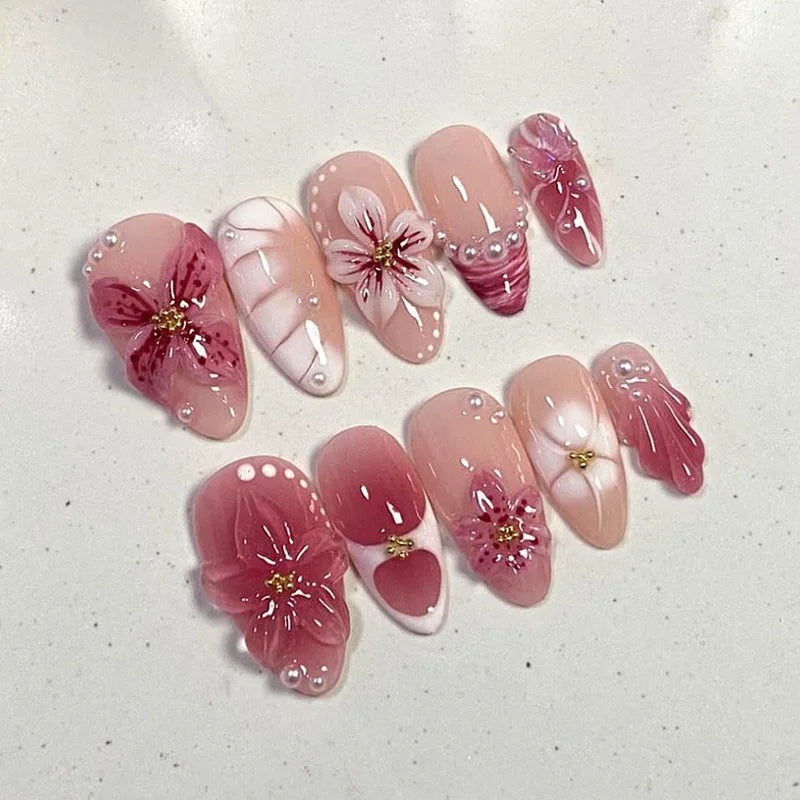 24pcs Pink Flower Almond Press on Nails
