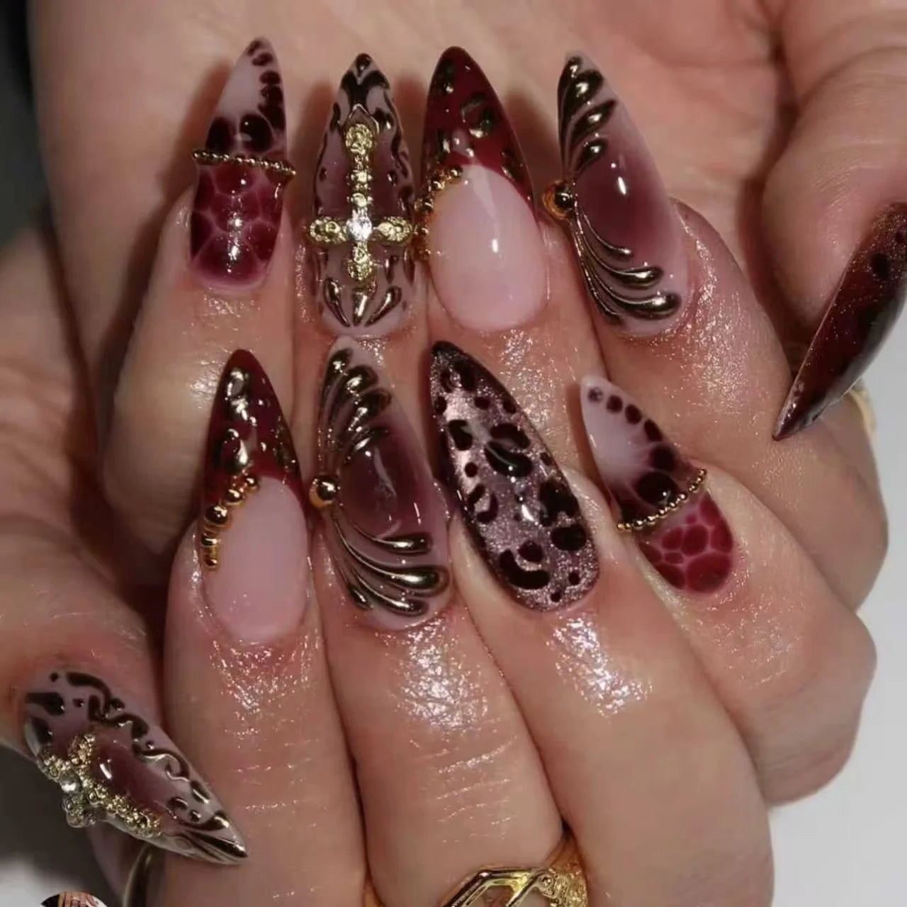 24pcs Pink Flower Almond Press on Nails