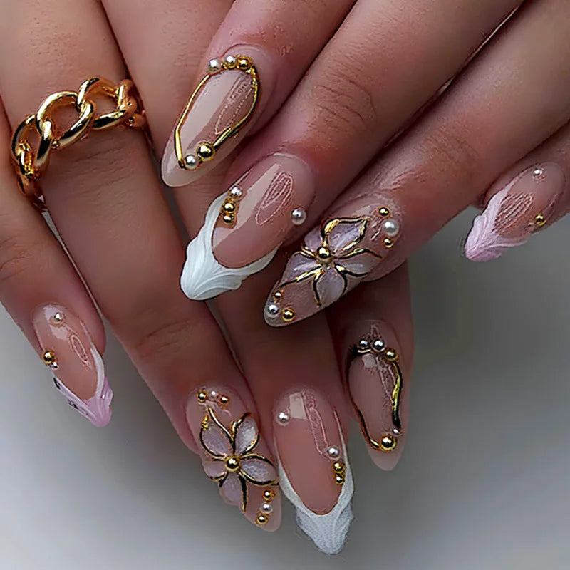 24pcs Pink Flower Almond Press on Nails
