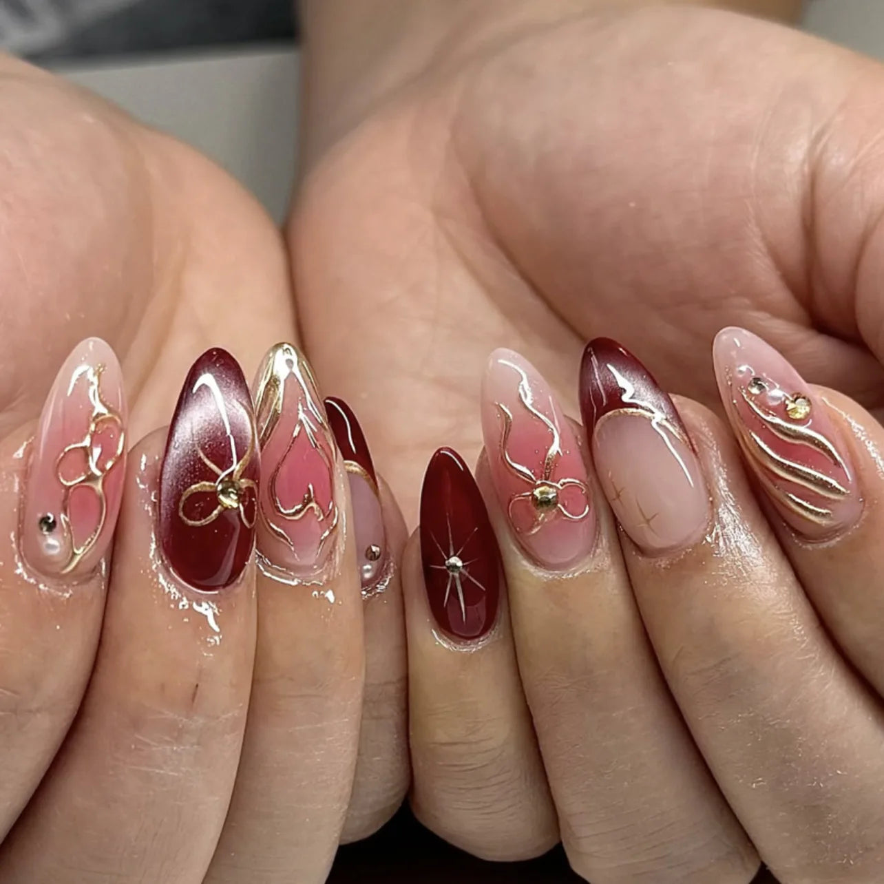 24pcs Pink Flower Almond Press on Nails